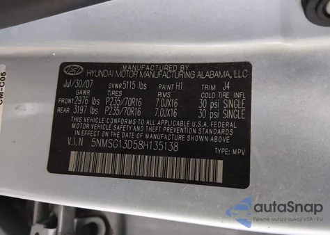 2008 Hyundai Santa Fe Gls from USA, damaged, VIN 5NMSG13D58H135138